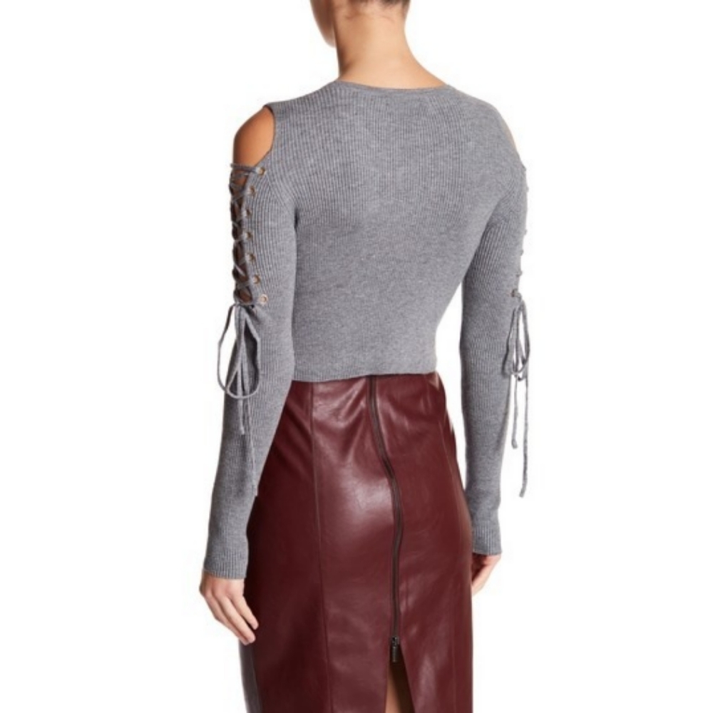 Do + Be Cold Shoulder Lace-Up Sleeve Ribbed Knit Crop Top - Picture 3 of 3